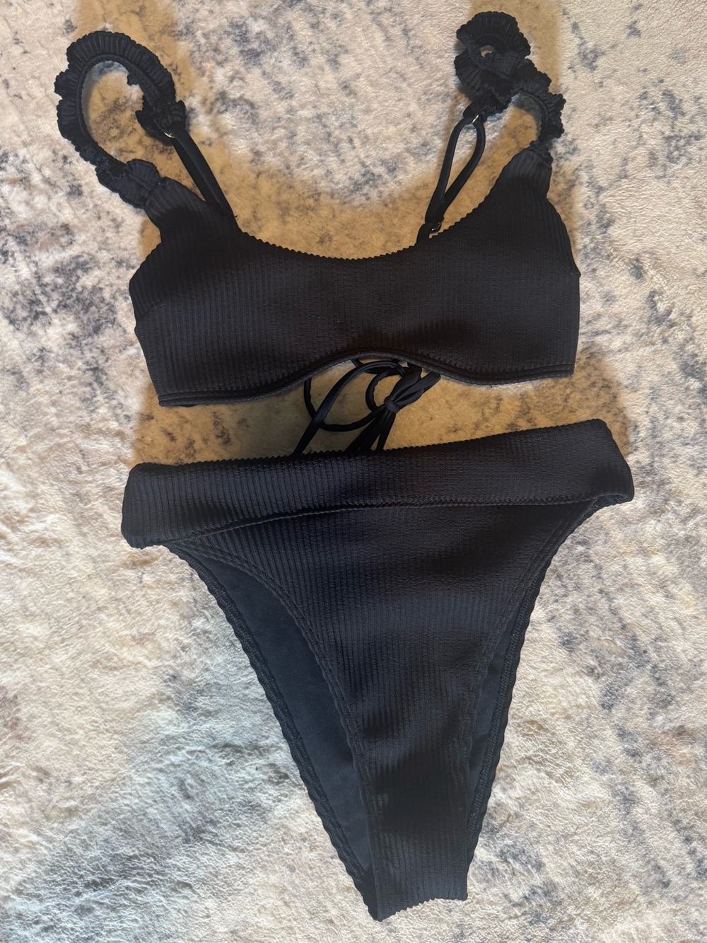 Hollister Swim Black Ribbed Bikini Set with Scalloped Straps XS